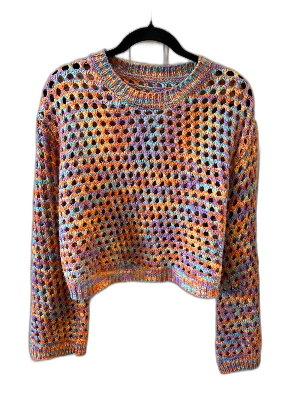 Hand Crafted Multicolor Open Knit Crewneck Sweater - Pastel Orange, Purple, Blue